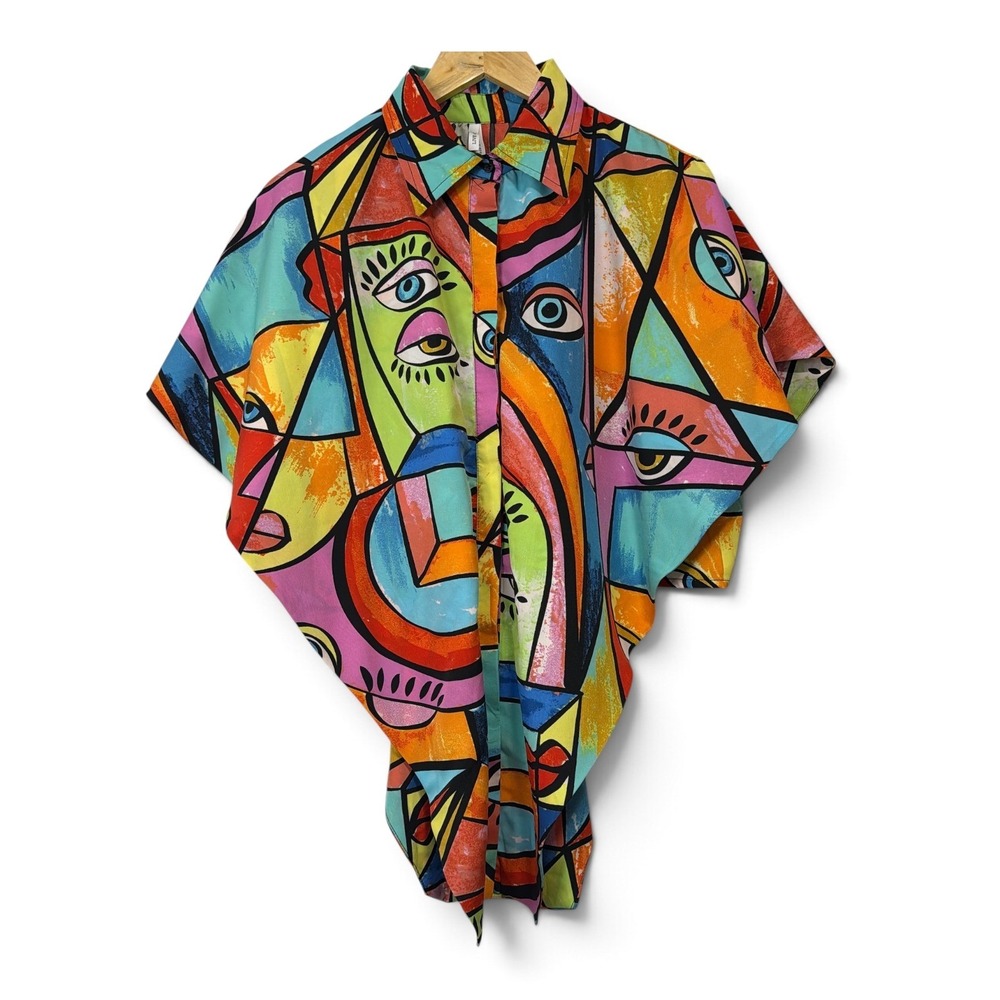 Live 4 Truth women's Abstract Face Print Handkerchief Hem Button Down 3X